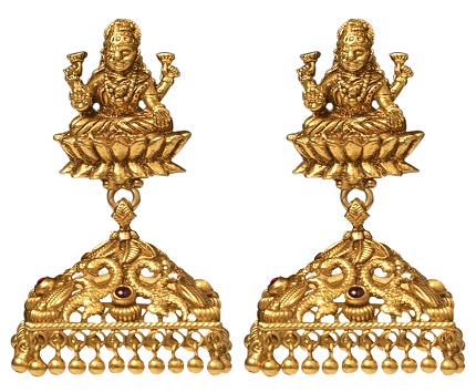 22 K Gold Earring Motifs of Goddess Saraswati with intricate lotus work By Tanya Rastogi for Lala Jugal Kishore Jewellers
