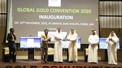 Humaid Ben Salem and Sajith Kumar PK at Global Gold Convention 2020, along with Dr Mohammed Saeed Al Kindi, Rashid Al Noori, Anoop PS and Khalifa Al Qubaisi