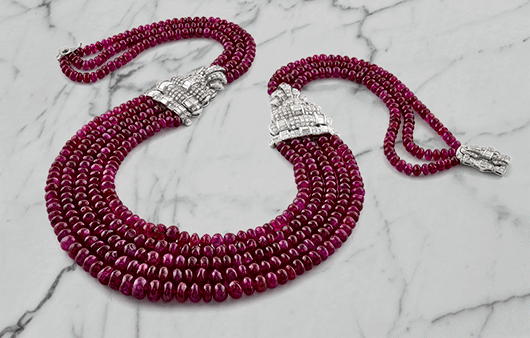 A five strand natural burmese ruby and diamond necklace