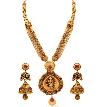 Temple necklace set by ANMOL with Carvings of Indian God curated in 22 K gold  