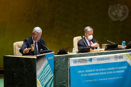 Volkan BozkÄ±r (left), President of the UN General Assembly, during the special session to discuss the international impact of COVID-19 and the response to the crisis, which took place on December 3 and 4 and Antonio Guterres, UN Secretary General 