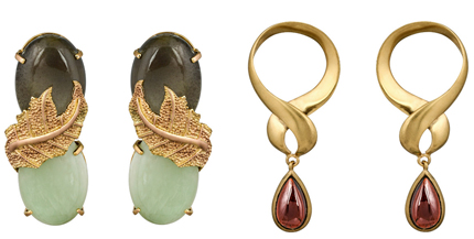 (l) The Athena Moonstone Earring by Studio Tara and (r) Garnet Winding Earring by Studio Tara